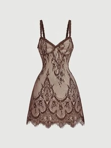 SHEIN MOD 女款蕾絲性感時尚細肩帶迷你洋裝 - 棕色 - 查看 2