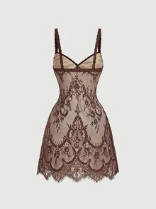 SHEIN MOD 女款蕾絲性感時尚細肩帶迷你洋裝 - 棕色 - 查看 5