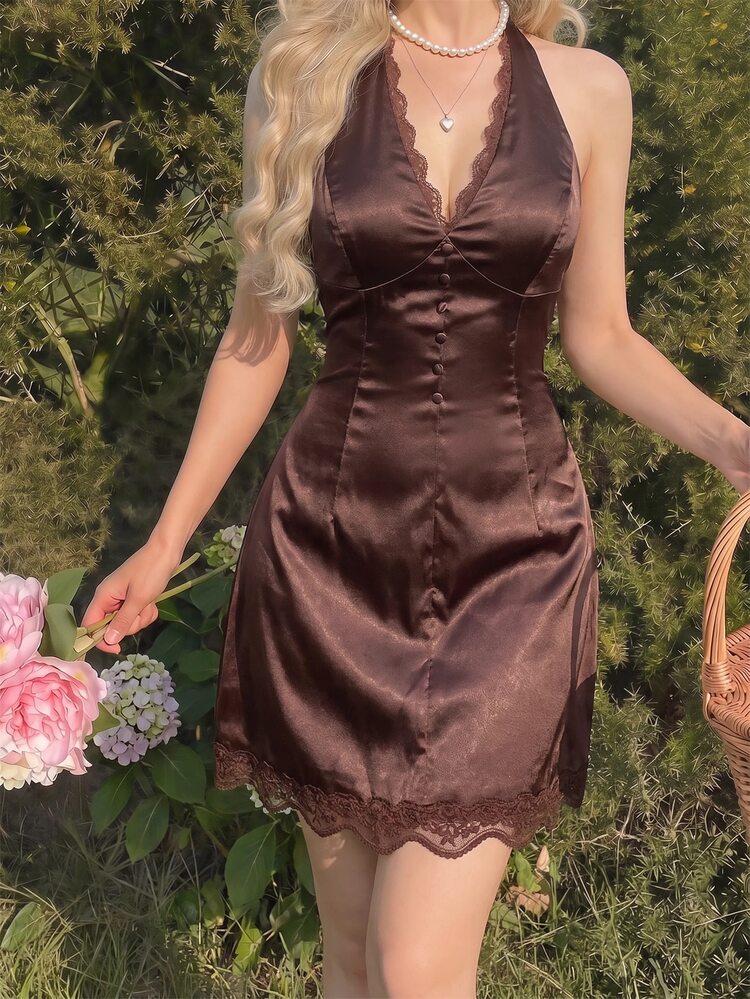 Skyraze Women's Lace Patchwork Fashion Date Night Out Vacation Party Mini Halter Dress Dark Brown Summer Sexy Romantic - Brown - View 2