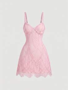 SHEIN MOD 女款夏季優雅純色蕾絲細肩帶短洋裝 - 粉色 - 查看 2
