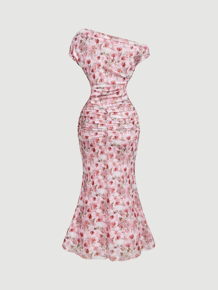 Skyraze Women's Summer Elegant Floral Print Asymmetric Neckline Mermaid Midi Dress Wedding Vacation Blush Pink.Halloween.Back To School. - Pink - View 4