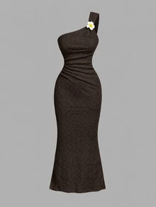 Skyraze 3D Floral Decor Asymmetrical Neckline Ruched Dress Picnic Vacation Dark Brown Summer Cottagecore Tropical.Halloween.Back To School. - Brown - View 2