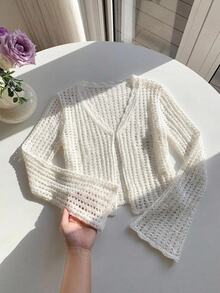 Skyraze Women's Solid Color Hollow Out Casual Tropical European Versatile Daily Wear Cardigan Beach Vacation White Autumn - White - View 2