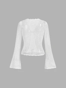 Skyraze Women's Solid Color Hollow Out Casual Tropical European Versatile Daily Wear Cardigan Beach Vacation White Autumn - White - View 5