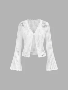 Skyraze Women's Solid Color Hollow Out Casual Tropical European Versatile Daily Wear Cardigan Beach Vacation White Autumn - White - View 4