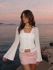 Skyraze Women's Solid Color Hollow Out Casual Tropical European Versatile Daily Wear Cardigan Beach Vacation White Autumn - White - View 1
