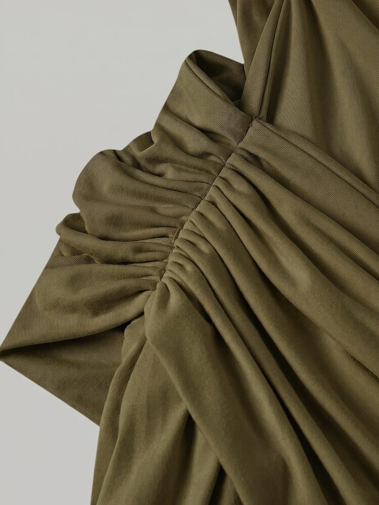 Skyraze Women's Solid Color Asymmetrical Neck Pleated Elegant Long Dress - Army Green - View 4