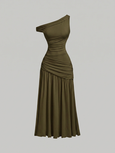 Skyraze Women's Solid Color Asymmetrical Neck Pleated Elegant Long Dress