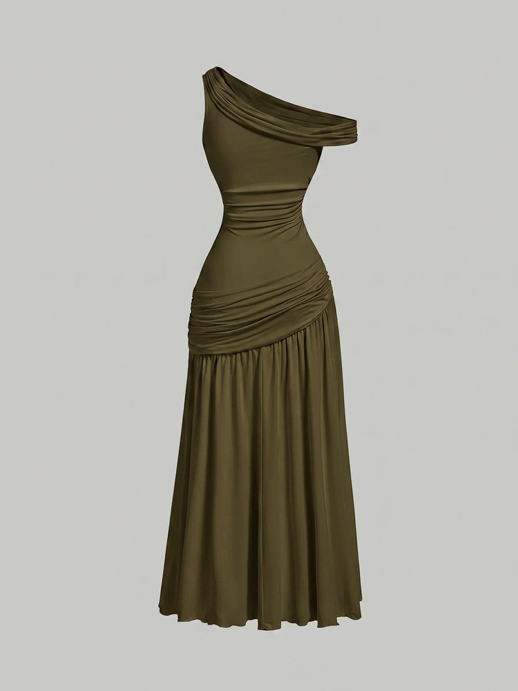 Skyraze Women's Solid Color Asymmetrical Neck Pleated Elegant Long Dress - Army Green - View 2