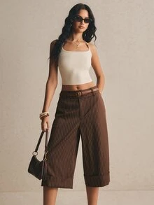 Poéselle 女款時尚棕色條紋寬腿褲，時髦辦公室夏季通勤正式寬褲，休閒風 - 咖啡棕 - 查看 6