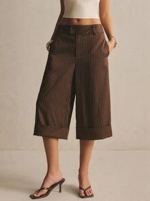 Poéselle 女款時尚棕色條紋寬腿褲，時髦辦公室夏季通勤正式寬褲，休閒風 - 咖啡棕 - 查看 8