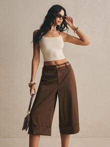 Poéselle 女款時尚棕色條紋寬腿褲，時髦辦公室夏季通勤正式寬褲，休閒風 - 咖啡棕 - 查看 2