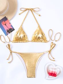 Swim SXY Summer Beach Metallic Triangle Tie Side Bikini Set - Gold - View 8
