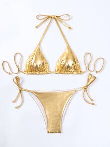 Swim SXY Summer Beach Metallic Triangle Tie Side Bikini Set - Gold - View 10