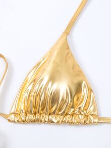 Swim SXY Summer Beach Metallic Triangle Tie Side Bikini Set - Gold - View 11