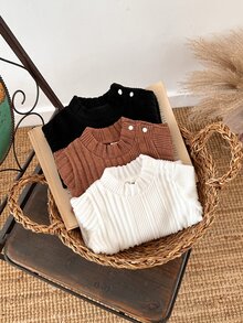 SHEIN 3pcs Toddler Baby Girls Ribbed Knit Tops Cute White Chocolate Brown Black Shoulder Buttons Flutter Sleeve Mock Neck Regular Birthday - Multicolor - View 4