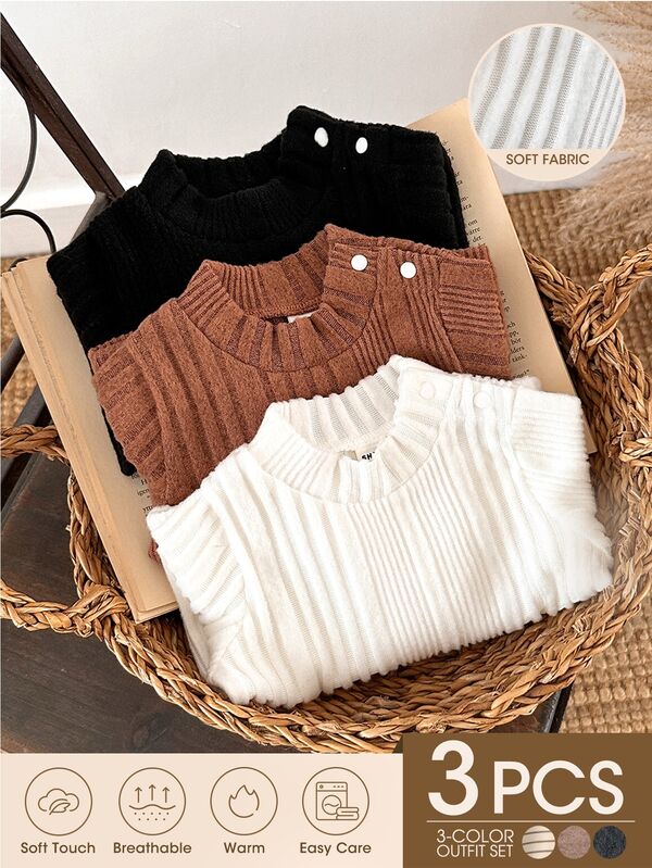 SHEIN Vintaside Kids Camiseta interior de cuello alto acanalada para recién nacido en otoño/invierno, suave y amigable con la piel, top para bebé versátil en 3 colores disponibles: negro/blanco/marrón