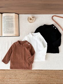 SHEIN 3pcs Toddler Baby Girls Ribbed Knit Tops Cute White Chocolate Brown Black Shoulder Buttons Flutter Sleeve Mock Neck Regular Birthday - Multicolor - View 6