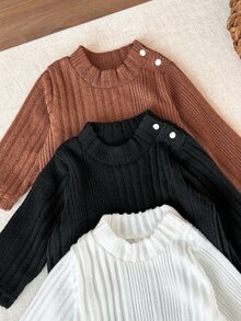 SHEIN 3pcs Toddler Baby Girls Ribbed Knit Tops Cute White Chocolate Brown Black Shoulder Buttons Flutter Sleeve Mock Neck Regular Birthday - Multicolor - View 8