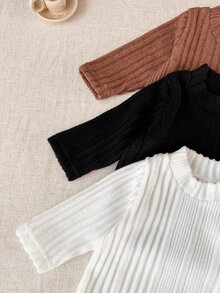 SHEIN 3pcs Toddler Baby Girls Ribbed Knit Tops Cute White Chocolate Brown Black Shoulder Buttons Flutter Sleeve Mock Neck Regular Birthday - Multicolor - View 9