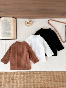 SHEIN 3pcs Toddler Baby Girls Ribbed Knit Tops Cute White Chocolate Brown Black Shoulder Buttons Flutter Sleeve Mock Neck Regular Birthday - Multicolor - View 3