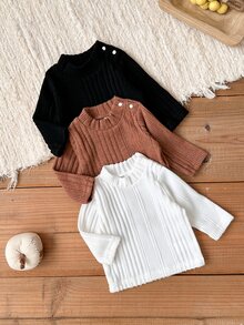 SHEIN 3pcs Toddler Baby Girls Ribbed Knit Tops Cute White Chocolate Brown Black Shoulder Buttons Flutter Sleeve Mock Neck Regular Birthday - Multicolor - View 5