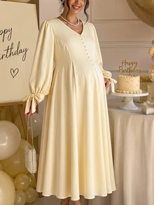 SHEIN Gaun Maxi Hamil Ukuran Plus Lengan Panjang Model A-Line dengan Detail Kerut, Pita, Kancing Depan, Kancing Berlapis Kain, dan Ikat Pinggang Belakang untuk Pernikahan dan Musim Gugur - Kuning - View 1