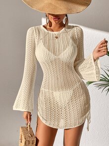 SHEIN Swim 鏤空側抽繩罩衫連衣裙不附帶比基尼套裝 - 米色 - 查看 6