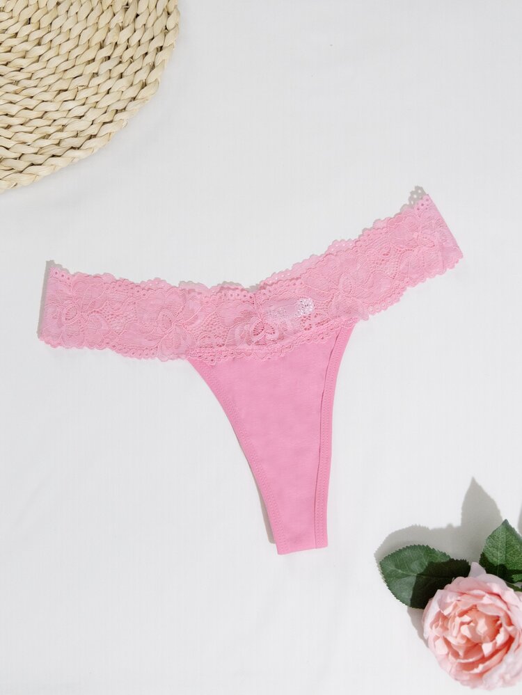 Qdormo 1pc Women's Floral Lace Seamless Thong Panty - Pink - View 5