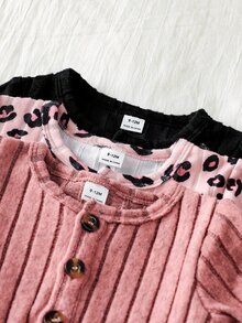 SHEIN Vintaside Kids 3件組嬰兒女童長袖洋裝，3個月至3歲，圓領鈕扣式，純黑色、粉色、豹紋，羅紋百褶裙，超值多色組合，新生兒公主休閒套裝 - 彩色 - 查看 8