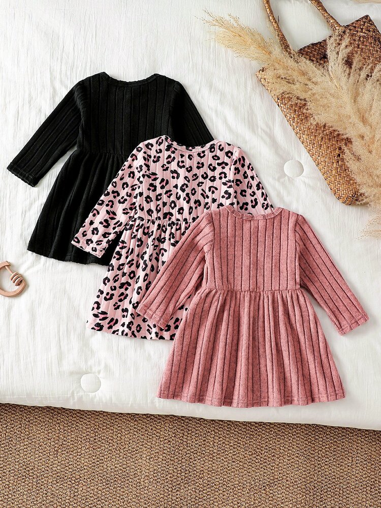 SHEIN 3-Piece Set Long Sleeve Dresses For Baby Girls, 3 Months To 3 Years, Round Neck Button Dress, Solid Black, Pink, Leopard Print, Ribbed Pleated Skirt, Value Multi-Color Pack, Newborn Princess Casual Outfits - Multicolor - View 2