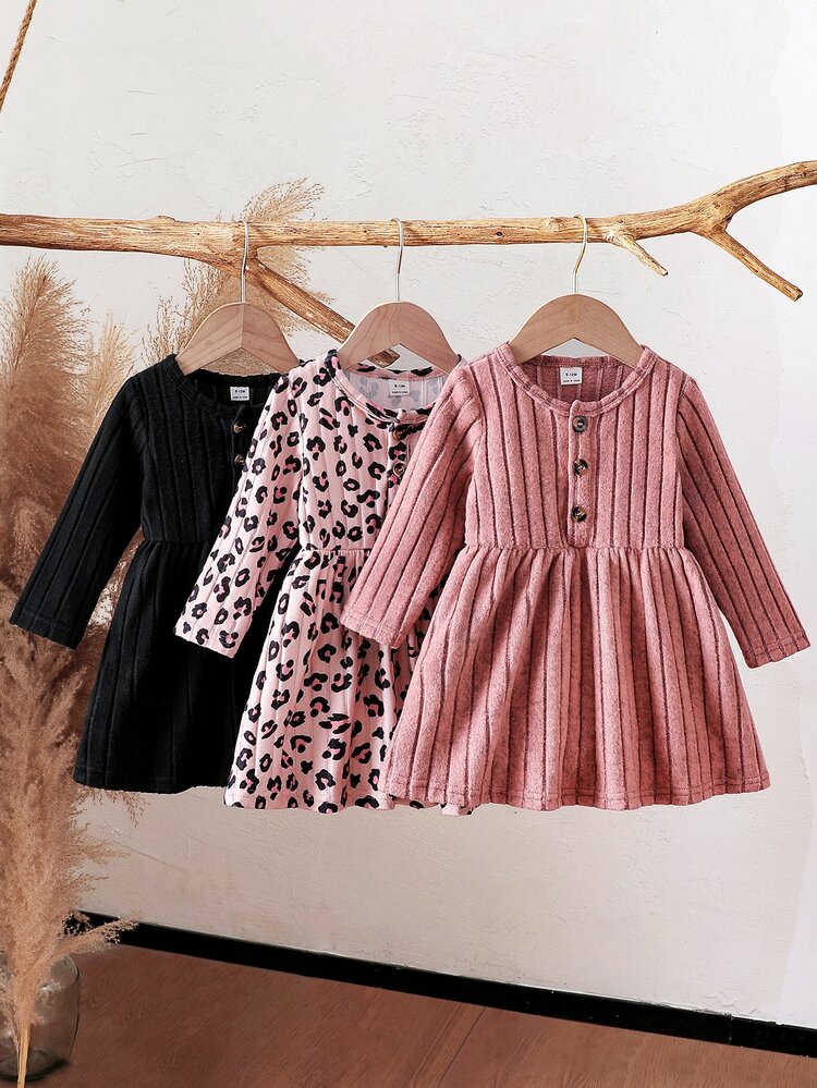 SHEIN 3-Piece Set Long Sleeve Dresses For Baby Girls, 3 Months To 3 Years, Round Neck Button Dress, Solid Black, Pink, Leopard Print, Ribbed Pleated Skirt, Value Multi-Color Pack, Newborn Princess Casual Outfits - Multicolor - View 3