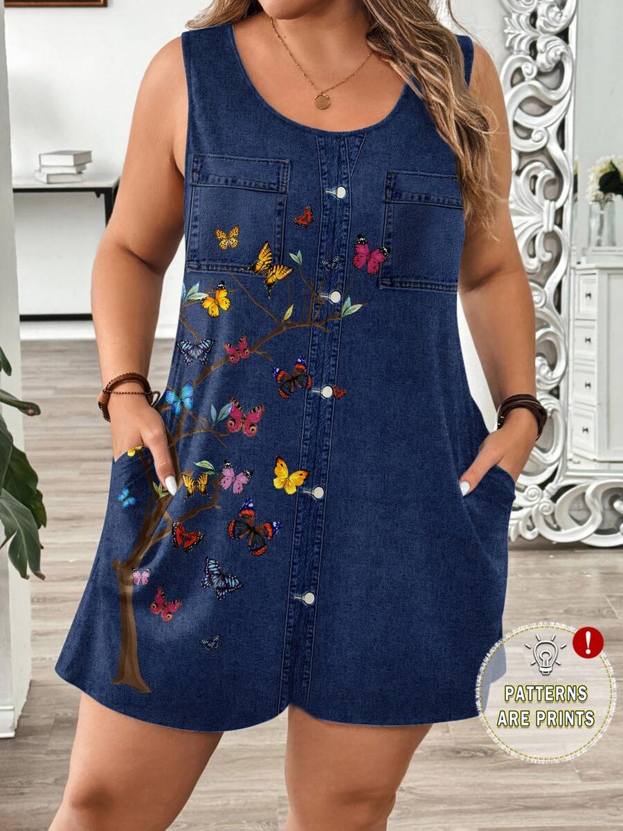 EMERY ROSE Plus Size Casual Minimalist Faux Denim Texture Print Pocket Jumpsuit, Suitable For Summer Suitable For Going Out - Multicolor - View 1