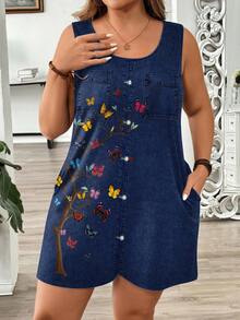 EMERY ROSE Plus Size Casual Minimalist Faux Denim Texture Print Pocket Jumpsuit, Suitable For Summer Suitable For Going Out - Multicolor - View 3