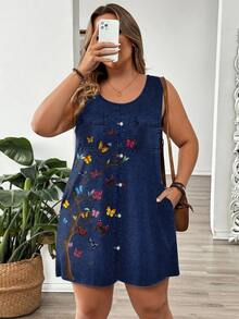 EMERY ROSE Plus Size Casual Minimalist Faux Denim Texture Print Pocket Jumpsuit, Suitable For Summer Suitable For Going Out - Multicolor - View 4