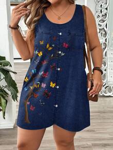 EMERY ROSE Plus Size Casual Minimalist Faux Denim Texture Print Pocket Jumpsuit, Suitable For Summer Suitable For Going Out - Multicolor - View 6