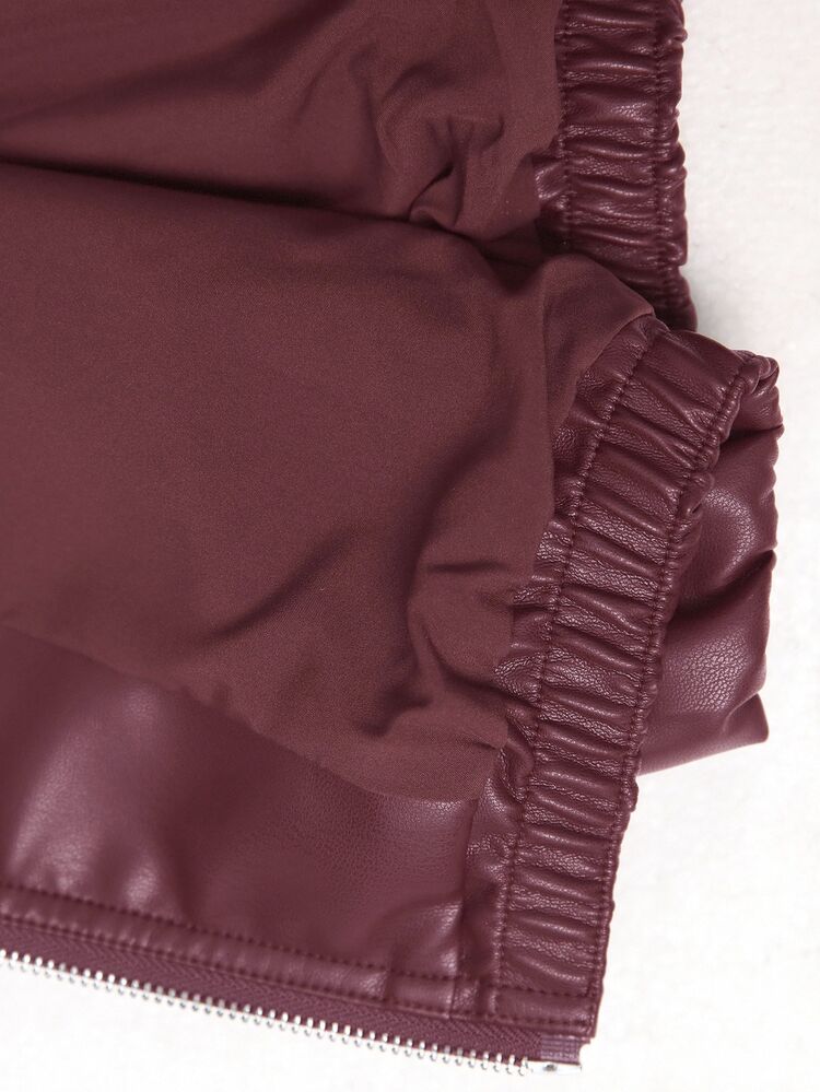 SHEIN LUNE Women's Solid Color Regular-Shoulder Long Lantern Sleeve Zipper Fashionable Short Jacket, Versatile Autumn Winter,Fall - Burgundy - View 11