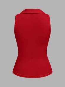 Slaydiva 2026 Spring/Summer New Arrival Casual Streetwear Basic Versatile Red Slim Fit Solid Color V-Neck Polo Neck Sleeveless Women Tank Top. Office Season - Red - View 8