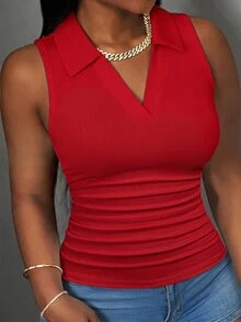 Slaydiva 2026 Spring/Summer New Arrival Casual Streetwear Basic Versatile Red Slim Fit Solid Color V-Neck Polo Neck Sleeveless Women Tank Top. Office Season - Red - View 7