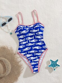Swim Mod 春夏新款欧美风性感连体泳衣，高腰三角泳裤，海洋生物印花撞色细肩带，胸部褶皱设计，露背，女士/女孩连体泳衣，甜美保暖春季海滩度假风 - 彩色 - 查看 3