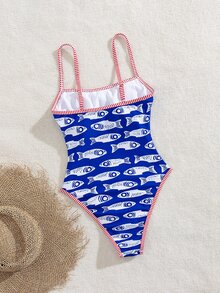 Swim Mod 春夏新款欧美风性感连体泳衣，高腰三角泳裤，海洋生物印花撞色细肩带，胸部褶皱设计，露背，女士/女孩连体泳衣，甜美保暖春季海滩度假风 - 彩色 - 查看 2