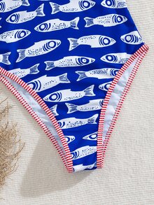 Swim Mod 春夏新款欧美风性感连体泳衣，高腰三角泳裤，海洋生物印花撞色细肩带，胸部褶皱设计，露背，女士/女孩连体泳衣，甜美保暖春季海滩度假风 - 彩色 - 查看 6