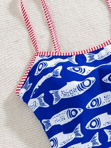 Swim Mod 春夏新款欧美风性感连体泳衣，高腰三角泳裤，海洋生物印花撞色细肩带，胸部褶皱设计，露背，女士/女孩连体泳衣，甜美保暖春季海滩度假风 - 彩色 - 查看 5