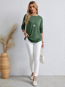 EMERY ROSE Women's Casual Solid Color Button Back Curved Hem T-Shirt Women Long Sleeve Tops Forest Green For Blouse T Shirt Autumn Clothes Travel Travel - Green - View 4