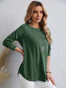 EMERY ROSE Women's Casual Solid Color Button Back Curved Hem T-Shirt Women Long Sleeve Tops Forest Green For Blouse T Shirt Autumn Clothes Travel Travel - Green - View 6