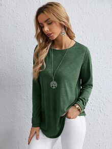 EMERY ROSE Women's Casual Solid Color Button Back Curved Hem T-Shirt Women Long Sleeve Tops Forest Green For Blouse T Shirt Autumn Clothes Travel Travel - Green - View 3