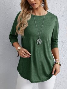 EMERY ROSE Women's Casual Solid Color Button Back Curved Hem T-Shirt Women Long Sleeve Tops Forest Green For Blouse T Shirt Autumn Clothes Travel Travel - Green - View 5
