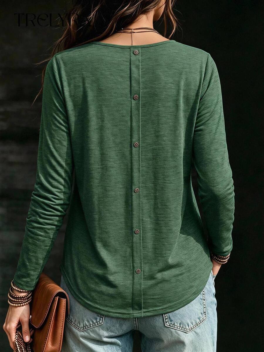 EMERY ROSE Women's Casual Solid Color Button Back Curved Hem T-Shirt Women Long Sleeve Tops Forest Green For Blouse T Shirt Autumn Clothes Travel Travel - Green - View 1