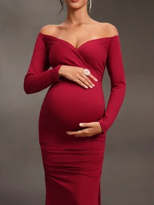 Cheriluna Maternity Elegant Solid Color Off-Shoulder Mermaid Maternity Dress For Photography - Burgundy - View 3