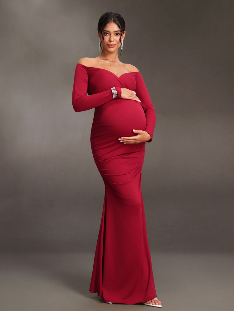 Cheriluna Maternity 優雅純色露肩魚尾孕婦攝影禮服 - 酒紅色 - 查看 6